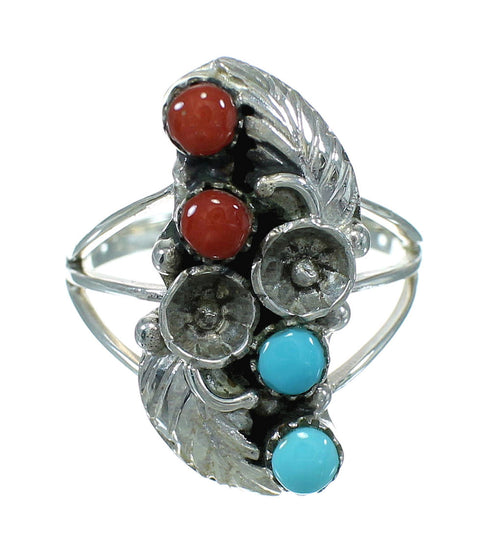 Coral And Turquoise Silver Southwest Flower Ring Size 7 AX81979